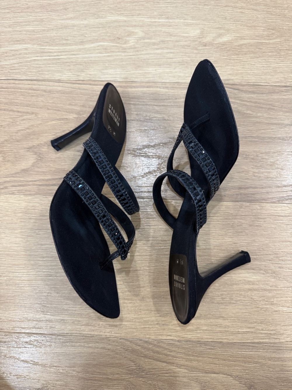 Stuart Weitzman Corona Black Peau Strappy Rhinestone Evening Sandal Heels Sz 9.5